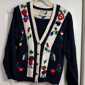 Vtg SKYR Sportswear Women's Sz M Blue‎ Floral Embroidered Cardigan Sweater